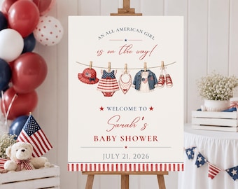 Patriotic Baby Shower Welcome Sign, All American Girl, 4th of July Baby Shower Decor, Editable Canva, Printable Poster