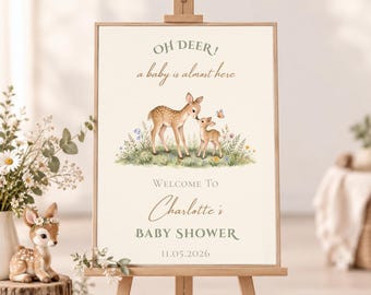 Woodland Deer Baby Shower Welcome Sign Template, Oh Deer Baby Shower Sign, Editable Canva Template, 4 Sizes, Printable Welcome Poster