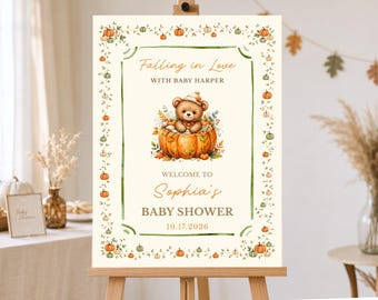 Fall Pumpkin Baby Shower Welcome Sign, Teddy Bear Baby Shower Sign, Little Pumpkin Baby Shower Decor, Editable Canva Template