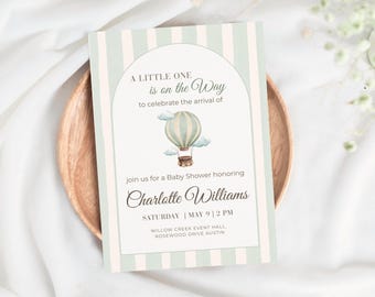 Sage Green Baby Shower Invitation, Hot Air Balloon Invite, Editable Canva Template, Printable Baby Shower Invite