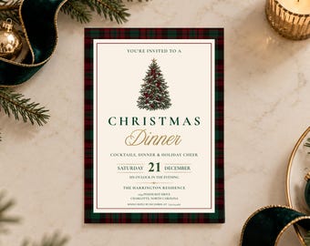 May include: A rectangular Christmas dinner invitation card with a red and green tartan border. The cream-coloured centre features a decorated Christmas tree illustration and text reading: YOU'RE INVITED TO A CHRISTMAS DINNER, COCKTAILS, DINNER & HOLIDAY CHEER, SATURDAY 21 DECEMBER, SIX O'CLOCK IN THE EVENING, THE HARRINGTON RESIDENCE, 1234 PINEHURST DRIVE, CHARLOTTE, NORTH CAROLINA, KINDLY REPLY BY DECEMBER 05 | 704.555.0199.