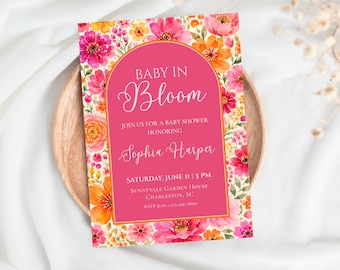 Baby in Bloom Baby Shower Invitation Template, Pink Orange Floral Baby Shower Invite, Editable Canva Template, Wildflower Invitation