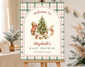Christmas Baby Shower Welcome Sign, Woodland Animal Baby Shower Sign, Printable Welcome Poster, Winter Baby Shower Decor, Editable Sign
