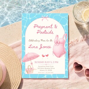 Invito per baby shower a bordo piscina per future mamme, invito per baby shower in piscina, festa estiva per la futura mamma, modificabile su Canva