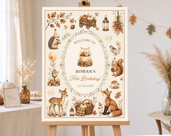 Woodland Fall Birthday Sign, Wild One Pumpkin Birthday Welcome Poster, Editable Canva Template, Any Age Party Decor, Autumn Forest Animals
