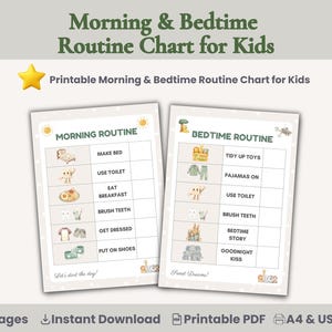 May include: Printable morning and bedtime routine charts for kids. The charts feature illustrations for each task, including making the bed, brushing teeth, and putting on shoes. The text reads "Morning & Bedtime Routine Chart for Kids."