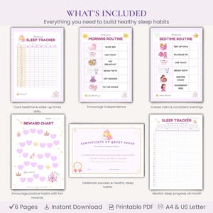 May include: A set of six printable PDF pages with a princess theme, designed to help build healthy sleep habits. Includes a sleep tracker, morning and bedtime routines, a reward chart, and a certificate. The pages are in A4 and US Letter sizes.