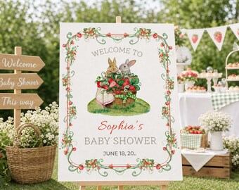 Twin Baby Shower Welcome Sign, Strawberry Bunny Twins Baby Shower Poster, Editable Berry Sweet Welcome Board