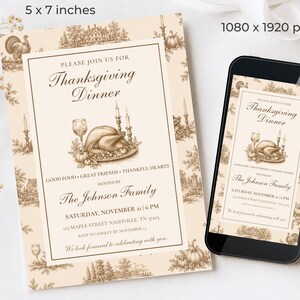 May include: A 12.7 x 17.8 cm Thanksgiving dinner invitation card featuring a cream background with brown toile-style illustrations of turkeys, pumpkins, and landscapes. The text reads: Please join us for Thanksgiving Dinner, The Johnson Family.