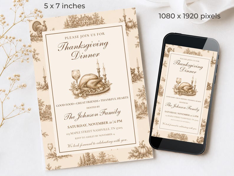 May include: A 12.7 x 17.8 cm Thanksgiving dinner invitation card featuring a cream background with brown toile-style illustrations of turkeys, pumpkins, and landscapes. The text reads: Please join us for Thanksgiving Dinner, The Johnson Family.