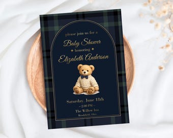 Navy Teddy Bear Baby Shower Invitation, Preppy Boy Baby Shower Invite, Blue Gold Editable Canva Template, Classic Baby Invite