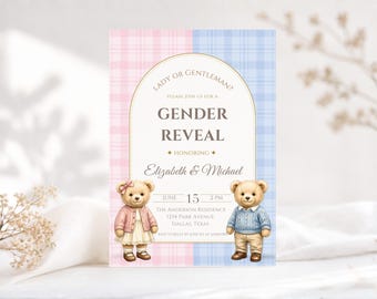 Gender Reveal Invitation Template Editable, Teddy Bear Baby Shower Invite, Preppy Pink Blue Plaid Canva Invitation, Instant Download