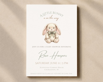 Sage Green Little Bunny Baby Shower Invitation Template, Editable Canva Bunny Baby Shower Invite, Gender Neutral Baby Shower Invitation
