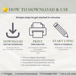 May include: Digital download instructions with a star icon and the text "HOW TO DOWNLOAD & USE." Steps include downloading, printing, and starting. The image also includes the text "DOWNLOAD," "PRINT," and "START USING."