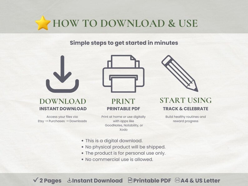 May include: Digital download instructions with a star icon and the text "HOW TO DOWNLOAD & USE." Steps include downloading, printing, and starting. The image also includes the text "DOWNLOAD," "PRINT," and "START USING."