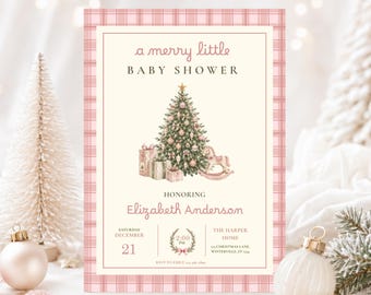Pink Christmas Baby Shower Invitation, Girl Winter Baby Shower Invite, A Merry Little Baby Shower, Rocking Horse, Editable Canva Template,