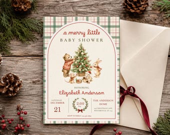 Christmas Baby Shower Invitation, Woodland Christmas Baby Shower, Winter Baby Shower Invite, Holiday Baby Shower Invitation, Editable Canva