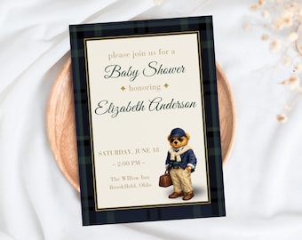 Polo Teddy Bear Baby Shower Invitation, Luxury Preppy Plaid Invite, Elegant Baby Boy Shower, Editable Canva Template