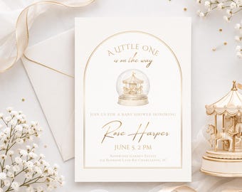 Luxury Baby Shower Invitation Template, Neutral Beige Gold Baby Shower Invite, Editable Canva, Carousel Theme, Elegant Minimal Invite