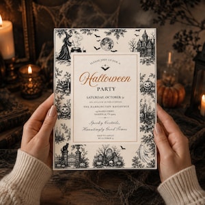 May include: A rectangular Halloween party invitation card with a cream background and a black ink border featuring illustrations of a witch, a haunted house, pumpkins, skulls, and bats. The text reads: Please join us for a Halloween Party, Saturday, October 31, at six o'clock in the evening, The Harrington Residence, 105 Maple Street, Nashville, TN 37203, Spooky Cocktails, Hauntingly Good Times, RSVP to Ashley by October 14.