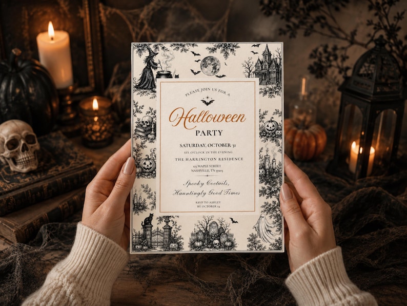 May include: A rectangular Halloween party invitation card with a cream background and a black ink border featuring illustrations of a witch, a haunted house, pumpkins, skulls, and bats. The text reads: Please join us for a Halloween Party, Saturday, October 31, at six o'clock in the evening, The Harrington Residence, 105 Maple Street, Nashville, TN 37203, Spooky Cocktails, Hauntingly Good Times, RSVP to Ashley by October 14.
