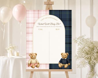 Preppy Teddy Bear Gender Reveal Voting Board, What Will Baby Be Sign, Team Boy Team Girl Game, Editable Canva Template