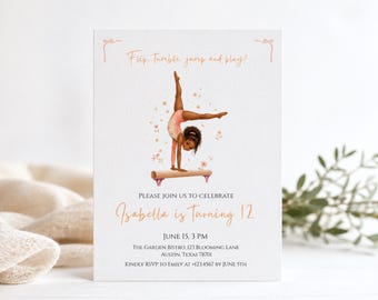 Gymnastics Birthday Invitation Template, Editable Canva Invite, Girl Gymnast Party, Terracotta Orange Aesthetic, Printable, Instant Download