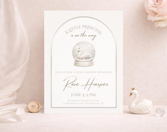 Elegant Baby Shower Invitation Template, Swan Baby Girl Invite, Neutral Beige Minimalist, Editable Canva, Instant Download, Snow Globe Theme