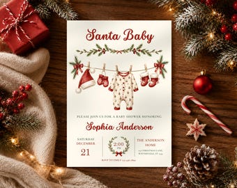 Santa Baby Shower Invitation Template, Christmas Baby Shower Invite, Winter Baby Shower Invitation, Holiday Baby Sprinkle, Editable Canva