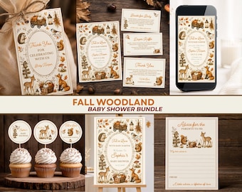 Fall Woodland Baby Shower Bundle Template, Welcome Sign, Advice Card, Diaper Raffle, Books for Baby, Thank You, Cupcake Topper, Editable