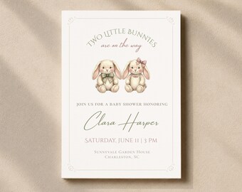 Twin Baby Shower Invitation, Editable Bunny Baby Invite Template, Neutral Canva Invitation