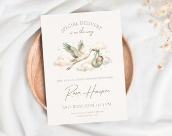 Sage Green Special Delivery Baby Shower Invitation, Editable Stork Baby Shower Template, Neutral Invite, Instant Download