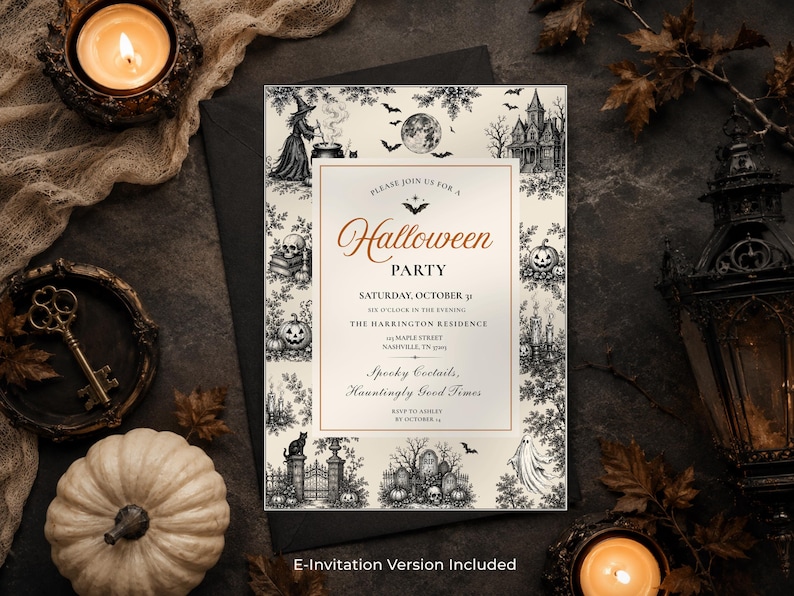 May include: A rectangular Halloween party invitation card featuring a cream background with a black and white border of illustrations including a witch, a haunted house, pumpkins, skulls, and a ghost. The text reads: Please join us for a Halloween Party, Saturday, October 31, six o'clock in the evening, The Harrington Residence, 105 Maple Street, Nashville, TN 37209, Spooky Coctails, Hauntingly Good Times, RSVP to Ashley by October 14.