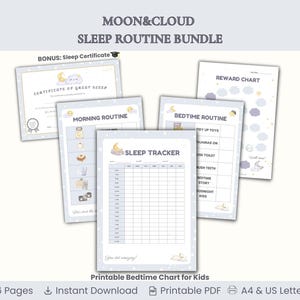 Paquete imprimible de rutinas para dormir para niños: listas de verificación para la mañana y la noche, registro del sueño y tabla de recompensas para niños pequeños.