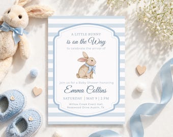 Baby Shower Invitation Template, Blue Bunny Invitation, Editable Boy Baby Shower, Printable Rabbit Invite, Neutral Baby Shower Decor