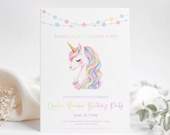 Unicorn Birthday Invitation Template, Rainbow Editable Canva Invite, Pastel Unicorn Party Invite, Girls Birthday Invitation, Printable