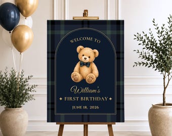 Preppy Teddy Bear First Birthday Welcome Sign, Polo Teddy Bear 1st Birthday Sign Template, Preppy Plaid Birthday Party Decor, Editable Canva