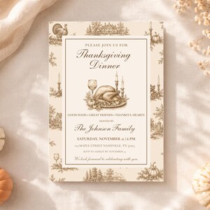 May include: A rectangular Thanksgiving dinner invitation card featuring a cream background with a brown toile-style border of turkeys, trees, and houses. The centre displays a roasted turkey illustration and text including The Johnson Family.