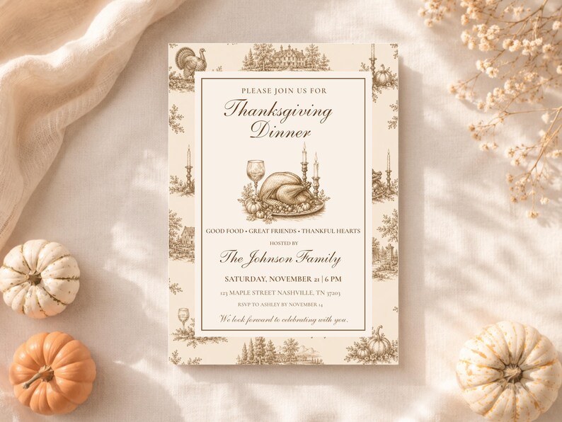 May include: A rectangular Thanksgiving dinner invitation card featuring a cream background with a brown toile-style border of turkeys, trees, and houses. The centre displays a roasted turkey illustration and text including The Johnson Family.