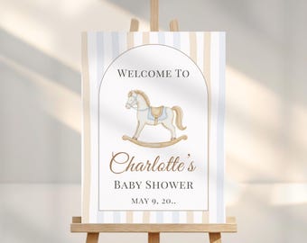 Rocking Horse Baby Shower Welcome Sign, Neutral Beige Blue Baby Shower, Editable Canva Template, Printable Welcome Poster, Instant Download