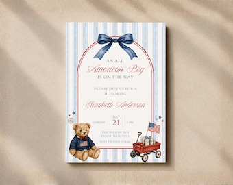 All American Boy Baby Shower Invitation, Preppy Teddy Bear Invite, Patriotic Baby Shower Template, Editable Canva, Instant Download