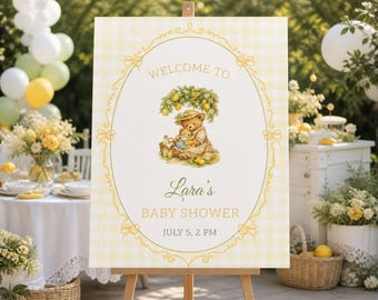 Lemon Baby Shower Welcome Sign, Teddy Bear Editable Template, Boy Baby Shower Sign, Citrus Theme Party Decor, Instant Download