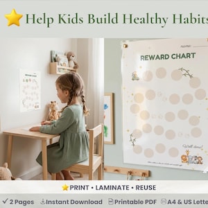 May include: A child sits at a small wooden desk in a room with a reward chart on the wall. The chart has circles for stickers and the text "REWARD CHART". The image also includes the text "Help Kids Build Healthy Habits".
