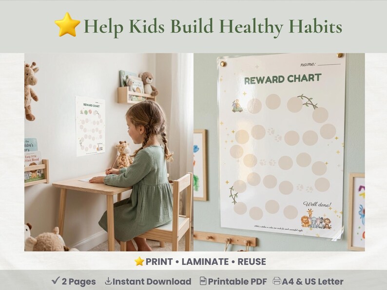 May include: A child sits at a small wooden desk in a room with a reward chart on the wall. The chart has circles for stickers and the text "REWARD CHART". The image also includes the text "Help Kids Build Healthy Habits".