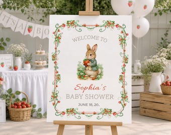 Strawberry Bunny Boy Baby Shower Welcome Sign, Editable Baby Shower Poster, Vintage Rabbit Baby Boy Party Decor, Canva Template Printable