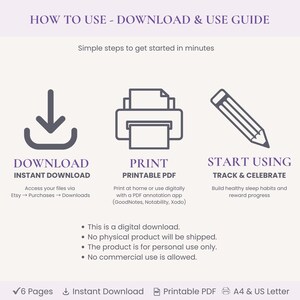 May include: A guide with instructions on how to download, print, and start using a digital product. The steps are illustrated with icons for downloading, printing, and tracking progress. The text includes information about the product being a digital download.
