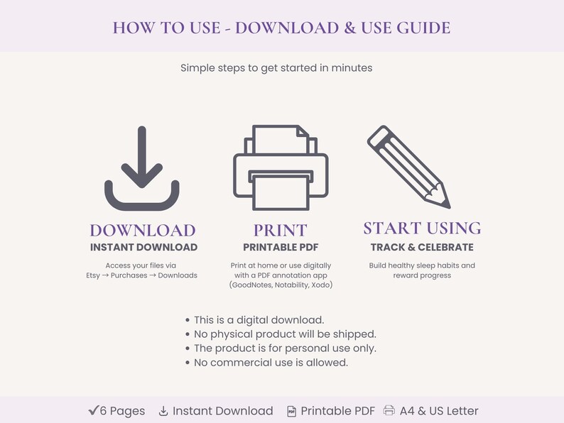 May include: A guide with instructions on how to download, print, and start using a digital product. The steps are illustrated with icons for downloading, printing, and tracking progress. The text includes information about the product being a digital download.