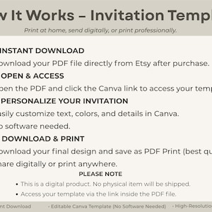 May include: An informational graphic titled How It Works - Invitation Template with dark text on a light background. It outlines four steps: Instant Download, Open & Access, Personalize Your Invitation, and Download & Print, plus a note.
