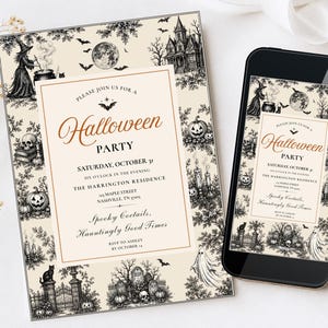 May include: A rectangular Halloween party invitation and a smartphone displaying the same design. The cream-colored stationery features black ink illustrations of a witch, haunted house, pumpkins, skulls, and ghosts with the text Halloween Party.