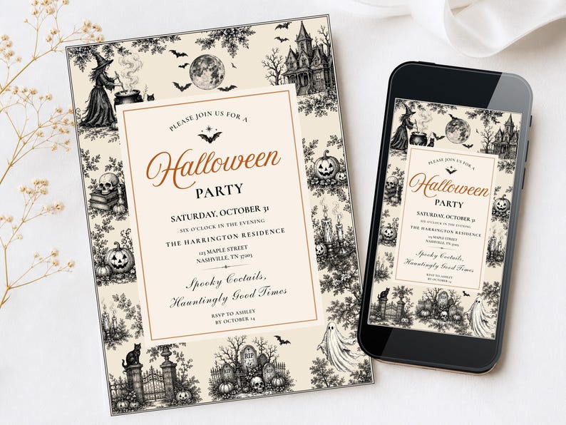 May include: A rectangular Halloween party invitation and a smartphone displaying the same design. The cream-colored stationery features black ink illustrations of a witch, haunted house, pumpkins, skulls, and ghosts with the text Halloween Party.